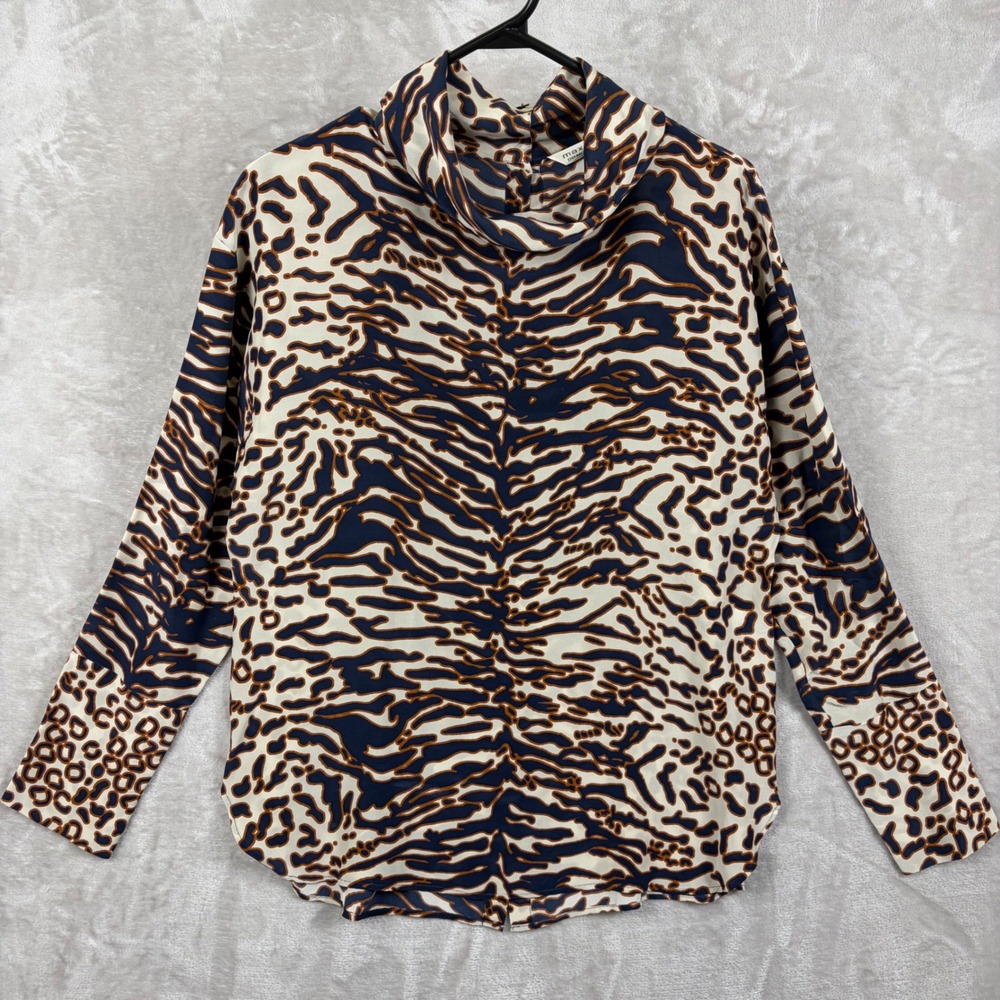 Max Volmary Silk Blouse Top Size US 10 Animal Print Cowl Neck Button Back Chic